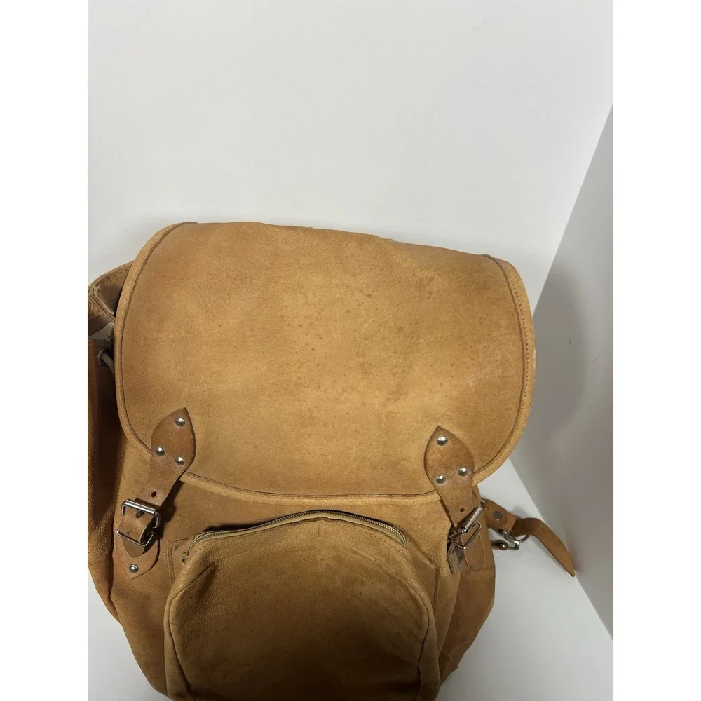 VINTAGE 70'S BOHO RUCKSACK CAMEL BROWN LEATHER BACKPACK UNBRANDED‎